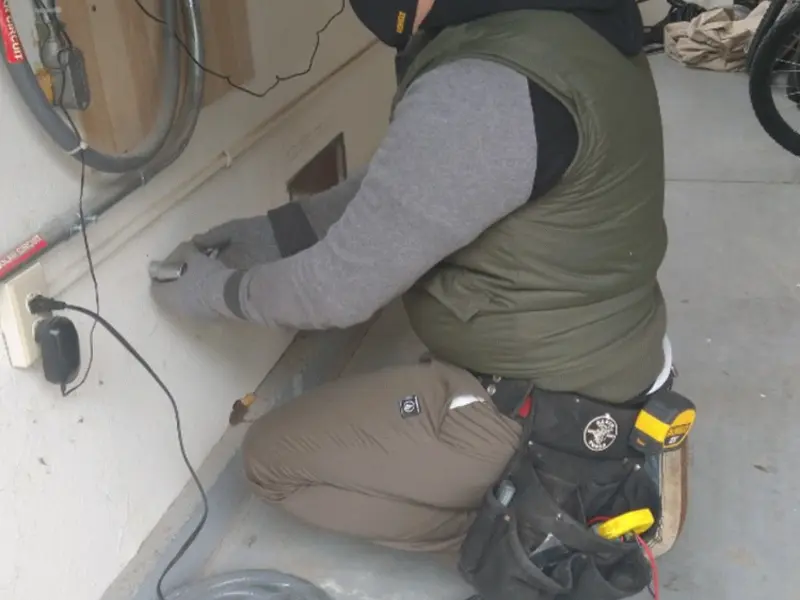 Electrician performing outlet wiring in a Clark garage